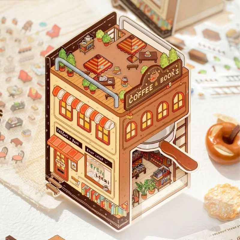 Micro Mini Shop - 3D DIY Miniature Sticker Scenes - 2 Theme Sets Coffee & Dessert Shop  Bread & Bakery Shop
