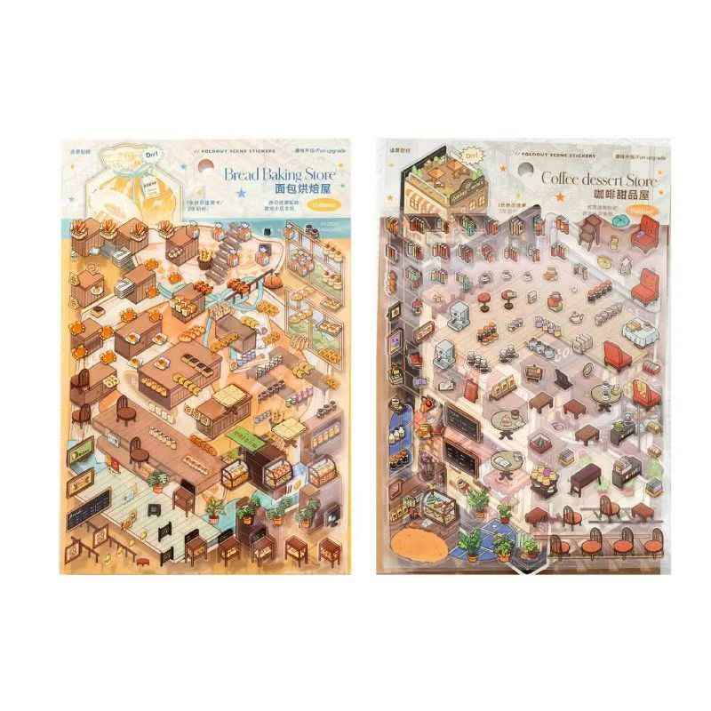 Micro Mini Shop - 3D DIY Miniature Sticker Scenes - 2 Theme Sets Coffee & Dessert Shop  Bread & Bakery Shop