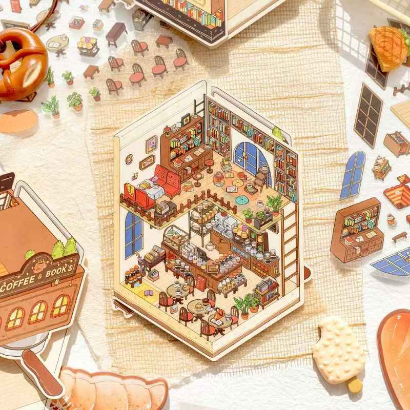 Micro Mini Shop - 3D DIY Miniature Sticker Scenes - 2 Theme Sets Coffee & Dessert Shop  Bread & Bakery Shop