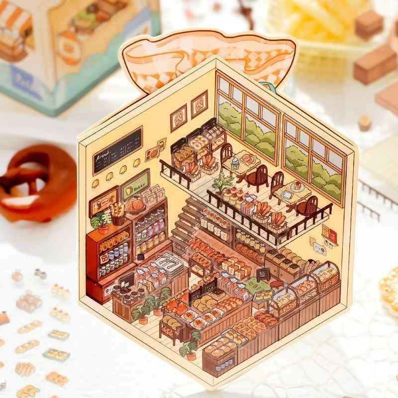 Micro Mini Shop - 3D DIY Miniature Sticker Scenes - 2 Theme Sets Coffee & Dessert Shop  Bread & Bakery Shop