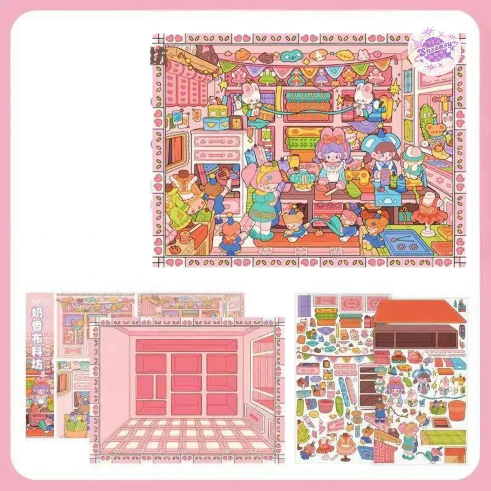 Beautiful Spring 3.0 Plus – 3D DIY Miniature Sticker Scenes - 3 Theme Sets: Fabric Shop | Convenience Store | Pear Garden Stage