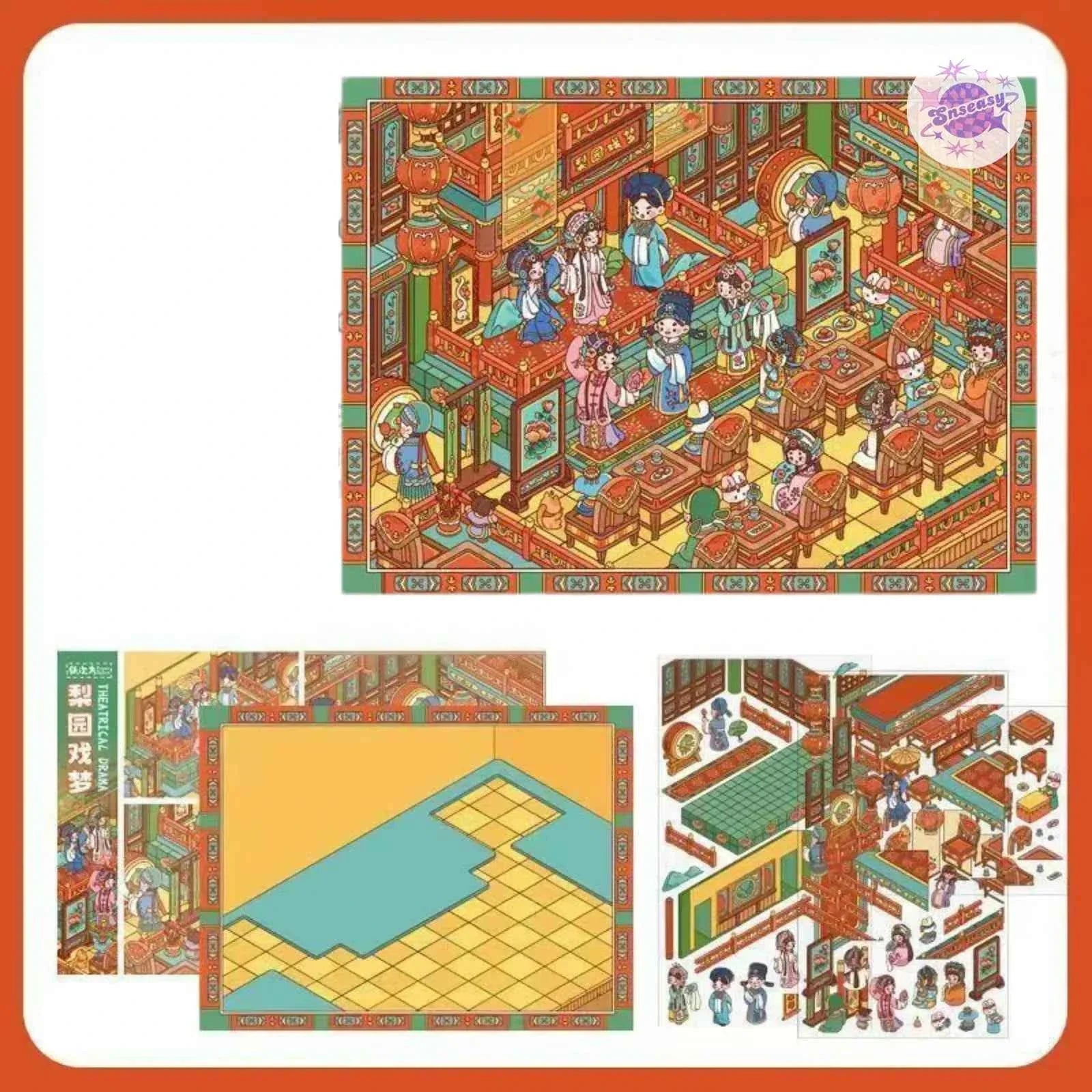 Beautiful Spring 3.0 Plus – 3D DIY Miniature Sticker Scenes - 3 Theme Sets: Fabric Shop | Convenience Store | Pear Garden Stage