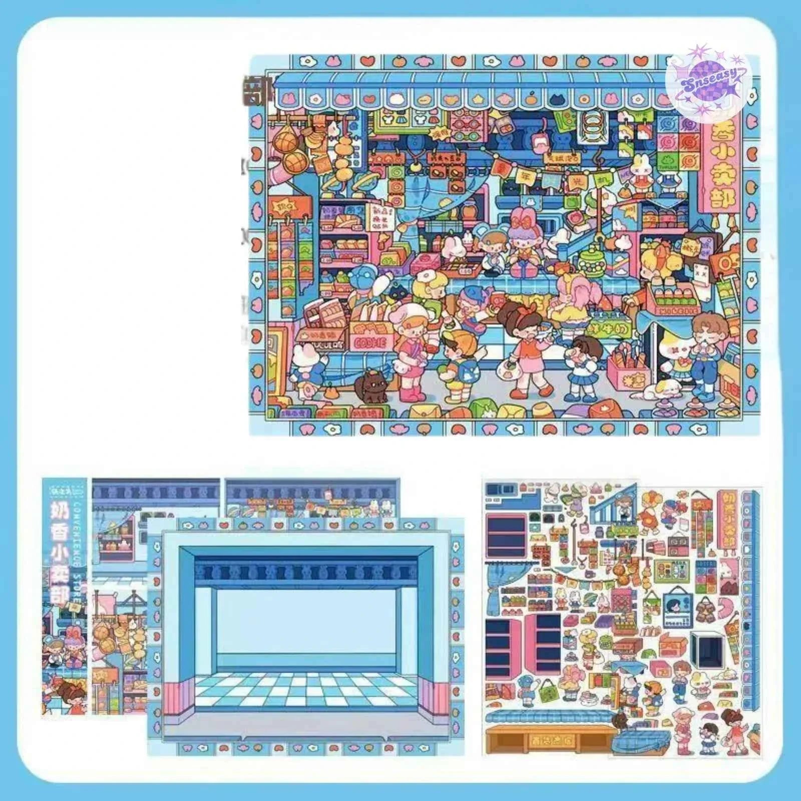 Beautiful Spring 3.0 Plus – 3D DIY Miniature Sticker Scenes - 3 Theme Sets: Fabric Shop | Convenience Store | Pear Garden Stage
