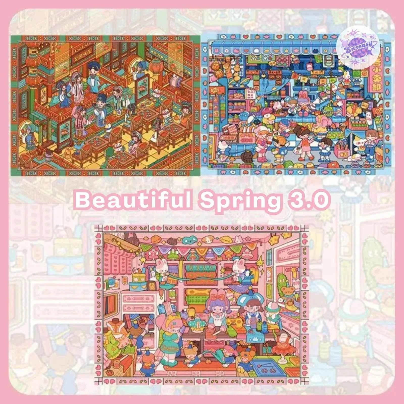 Beautiful Spring 3.0 Plus – 3D DIY Miniature Sticker Scenes - 3 Theme Sets: Fabric Shop | Convenience Store | Pear Garden Stage