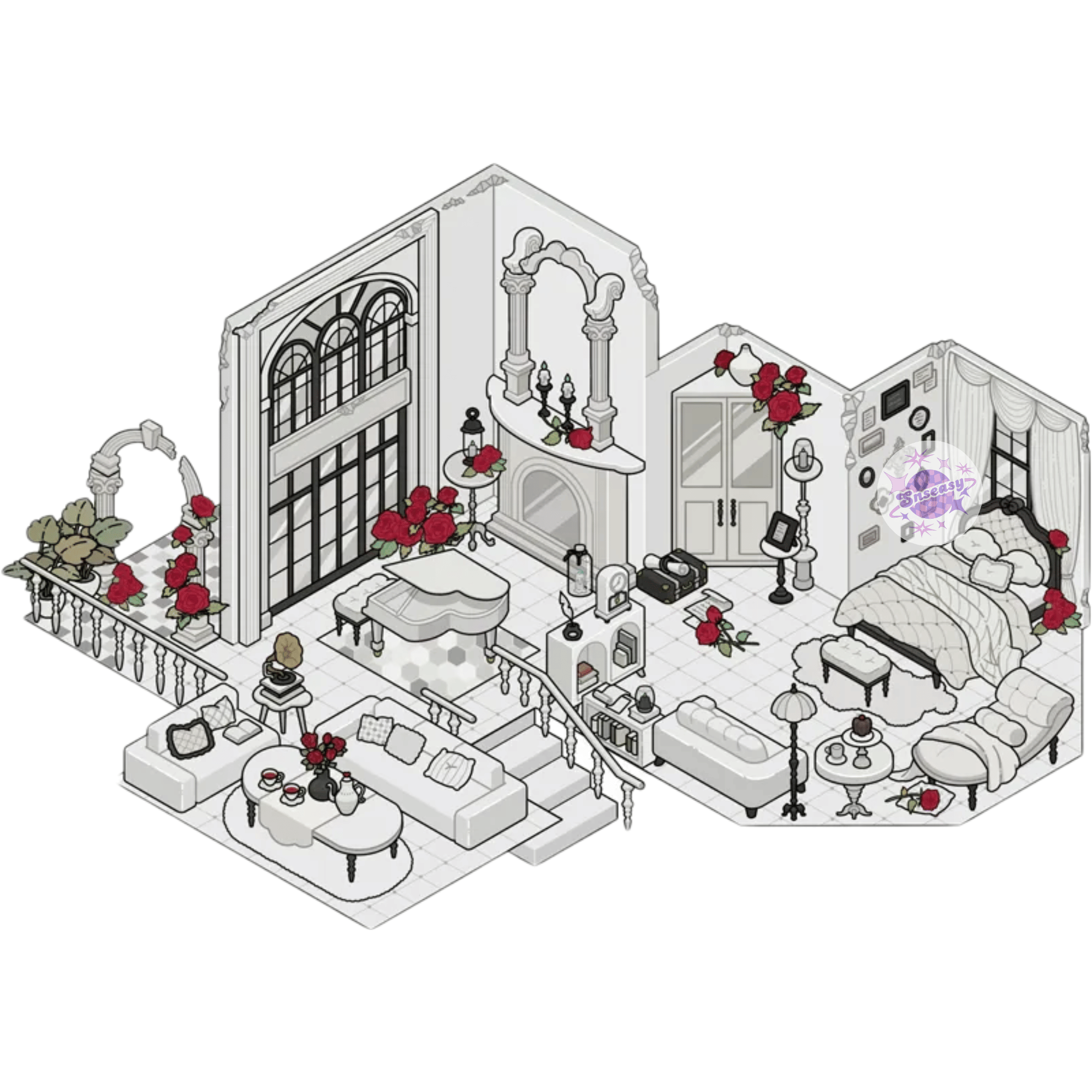 Romantic Rooms – 3D Miniature Sticker Scenes - 4 Theme Sets: Rose, Piano & Poetry | Forest Bakery | Antique Flower Shop | Vintage Living Room