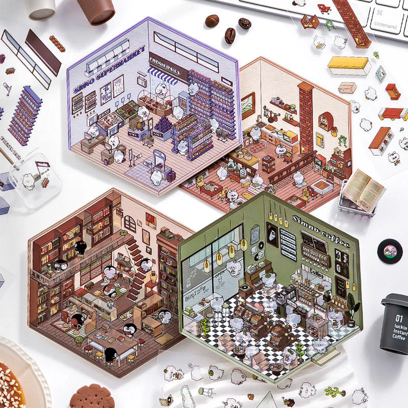 3D Scene Stickers - 8 Themes - Supermarket | Bookstore | Coffee Shop | Restaurant | Warm Home | Hot Spring | Gymnasium | Music Bar