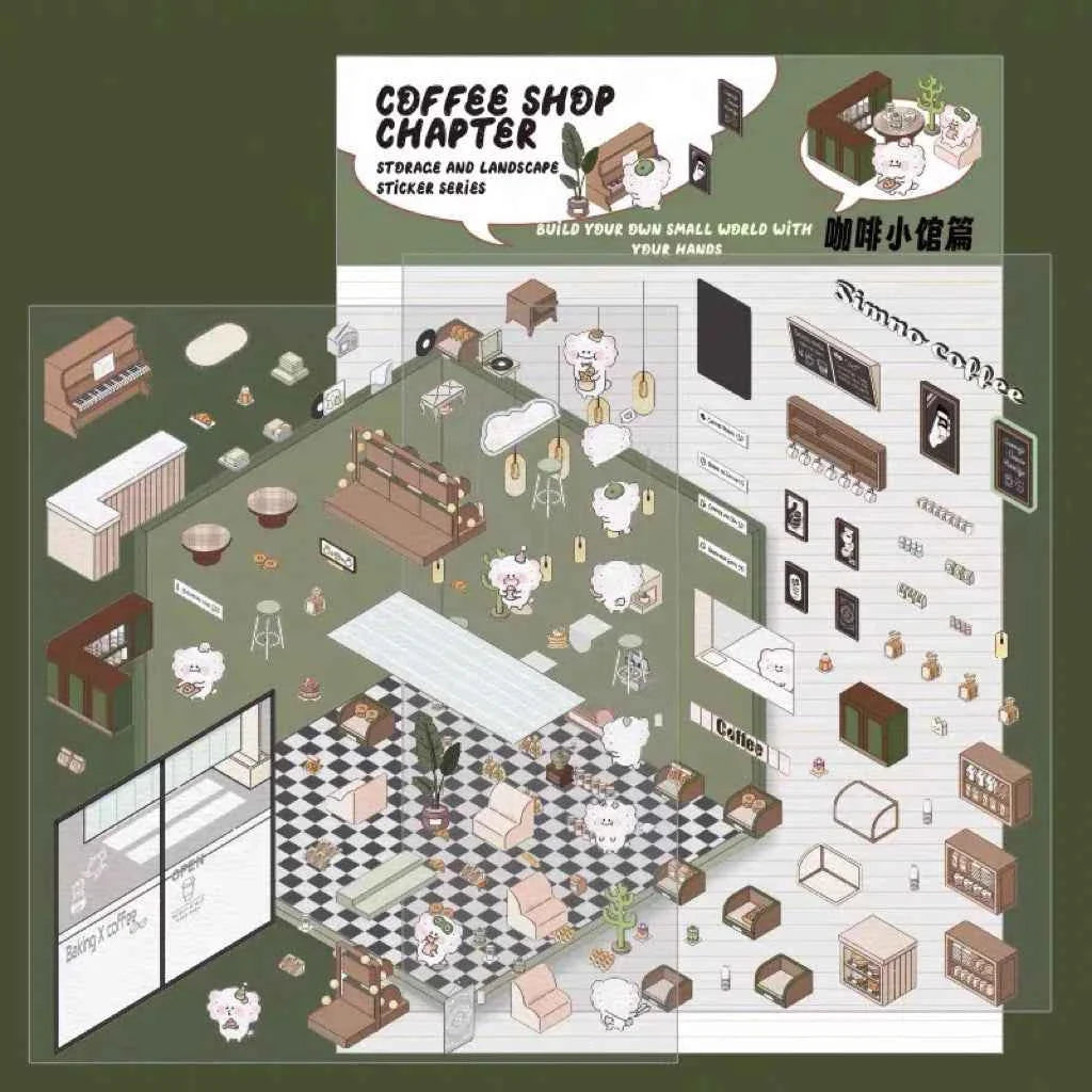 3D Scene Stickers - 8 Themes - Supermarket | Bookstore | Coffee Shop | Restaurant | Warm Home | Hot Spring | Gymnasium | Music Bar