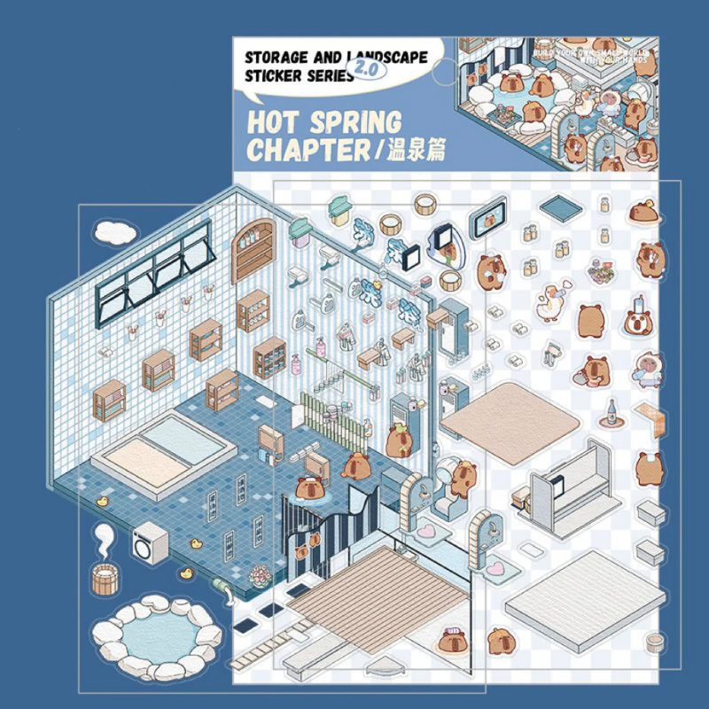 3D Scene Stickers - 8 Themes - Supermarket | Bookstore | Coffee Shop | Restaurant | Warm Home | Hot Spring | Gymnasium | Music Bar