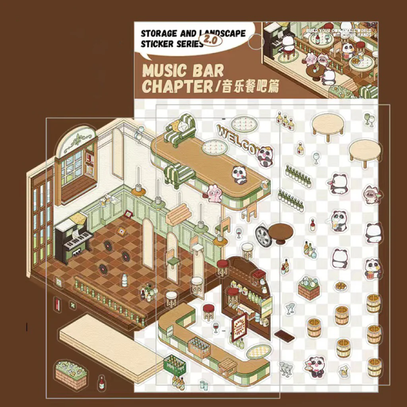 3D Scene Stickers - 8 Themes - Supermarket | Bookstore | Coffee Shop | Restaurant | Warm Home | Hot Spring | Gymnasium | Music Bar
