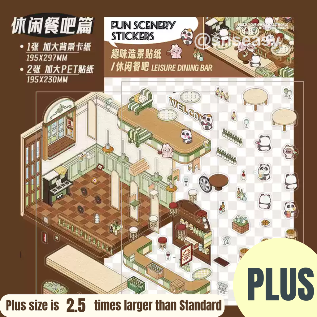 3D Scene Stickers - 8 Themes - Supermarket | Bookstore | Coffee Shop | Restaurant | Warm Home | Hot Spring | Gymnasium | Music Bar