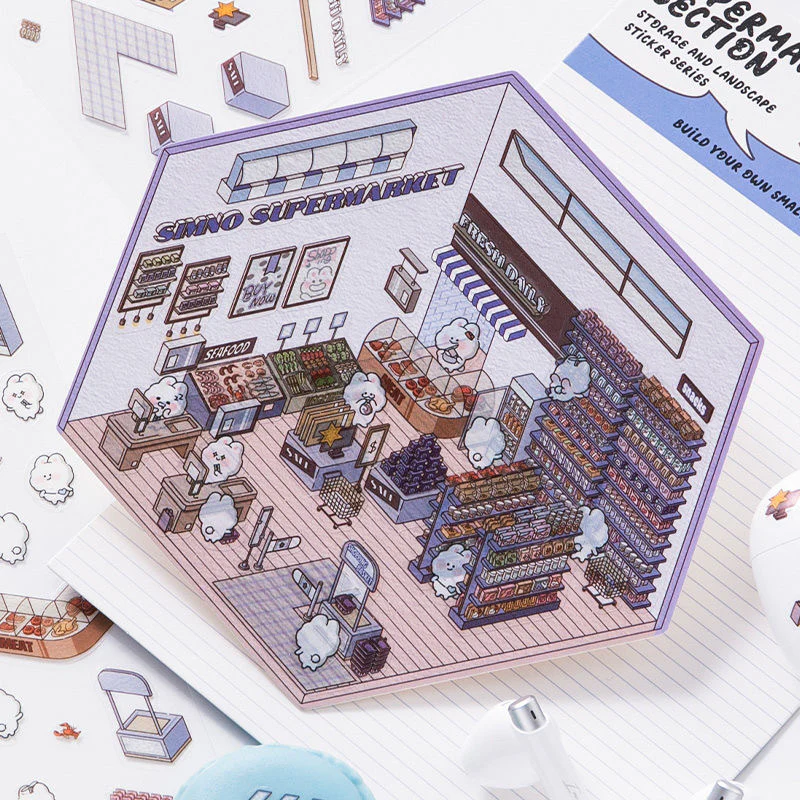 3D Scene Stickers - 8 Themes - Supermarket | Bookstore | Coffee Shop | Restaurant | Warm Home | Hot Spring | Gymnasium | Music Bar