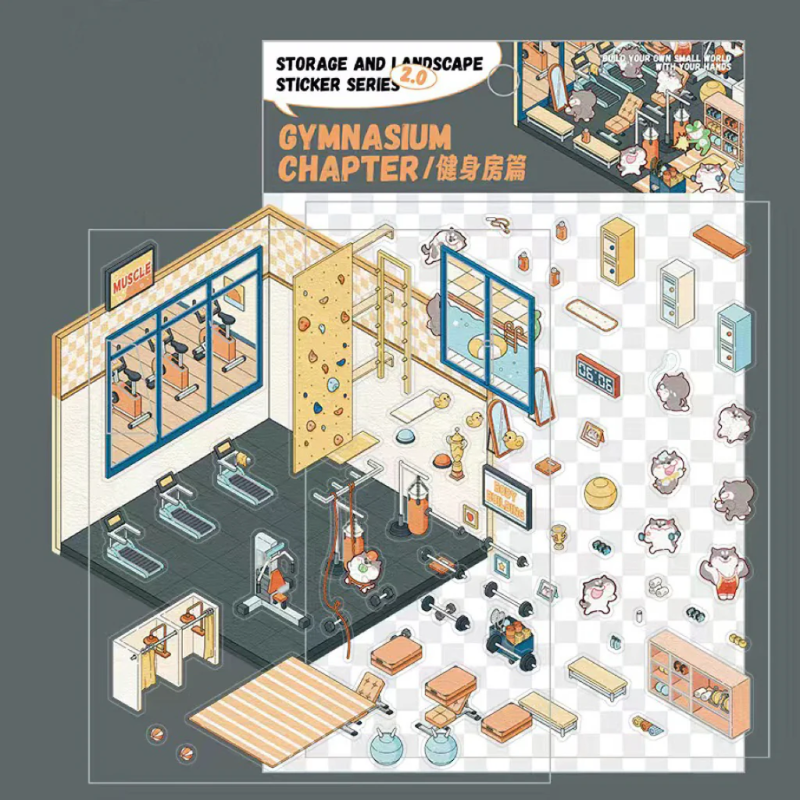 3D Scene Stickers - 8 Themes - Supermarket | Bookstore | Coffee Shop | Restaurant | Warm Home | Hot Spring | Gymnasium | Music Bar