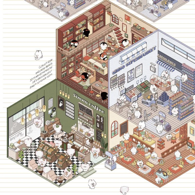 3D Scene Stickers - 8 Themes - Supermarket | Bookstore | Coffee Shop | Restaurant | Warm Home | Hot Spring | Gymnasium | Music Bar