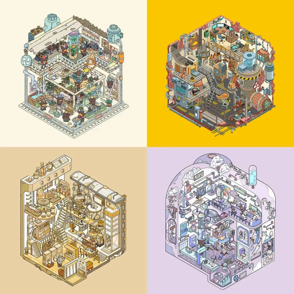Echoes of Wasteland Series – 3D DIY Miniature Sticker Scenes - 4 Theme Sets: Sunset Pharmacy | Mechanical Ark | Power Station | Sundry Farm