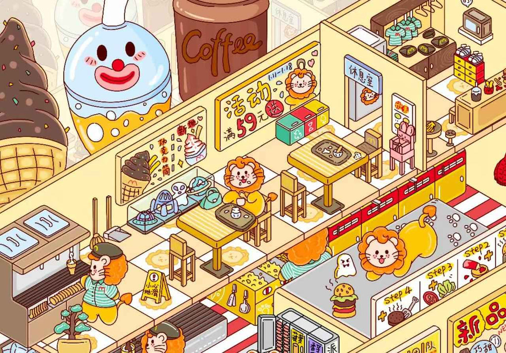 Plus Animal Shop – 3D Miniature Sticker Scenes - 2 Theme Sets: Lion Shop | Star Cat Café