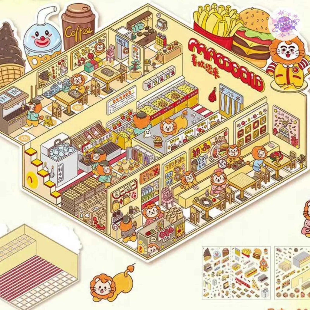 Plus Animal Shop – 3D Miniature Sticker Scenes - 2 Theme Sets: Lion Shop | Star Cat Café