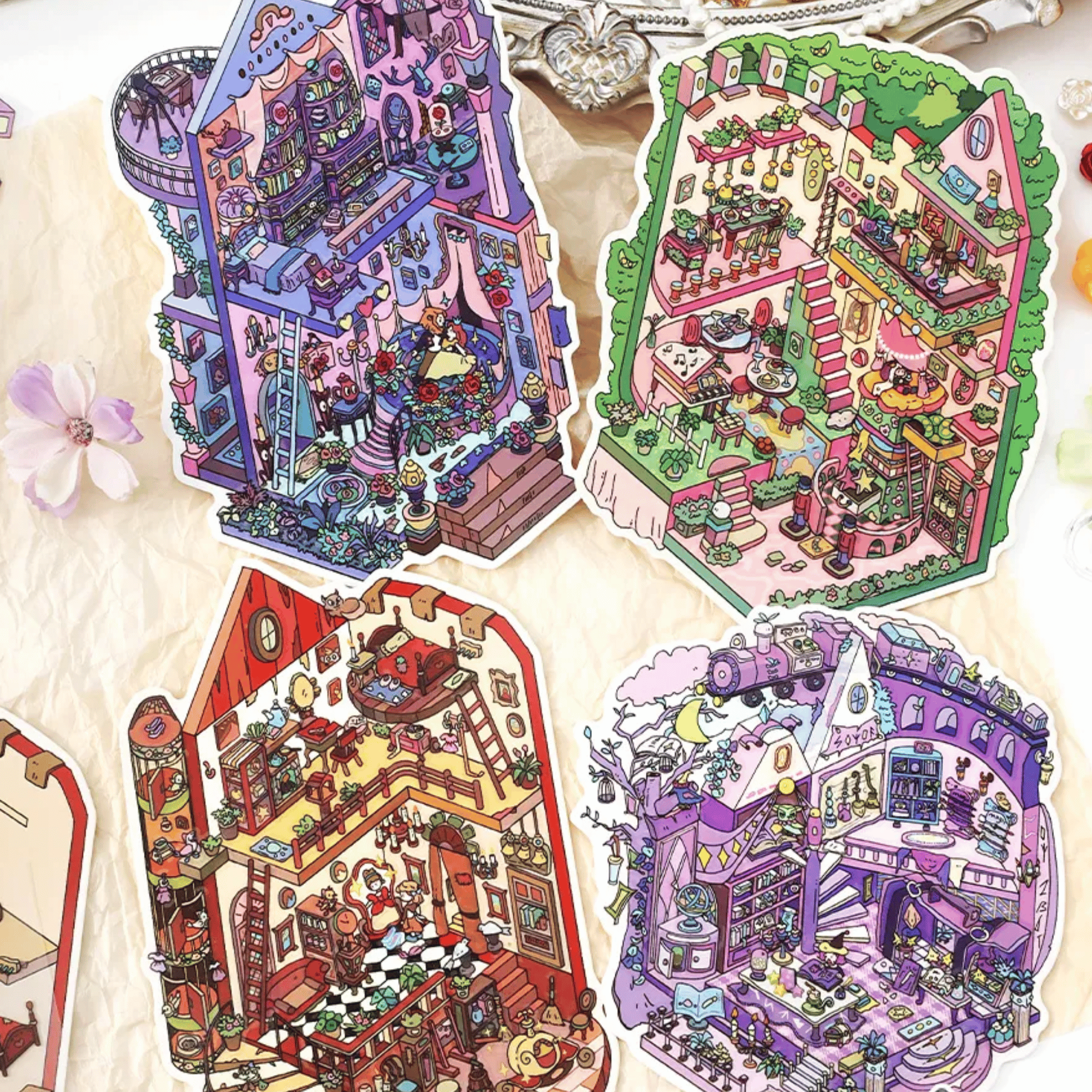 Fairy Tale Cottage – 3D Miniature Scene Stickers – 4 Theme Sets: Magic Cottage | Cinderella’s Home | Beauty and the Beast Castle | Pea Princess’s Cottage