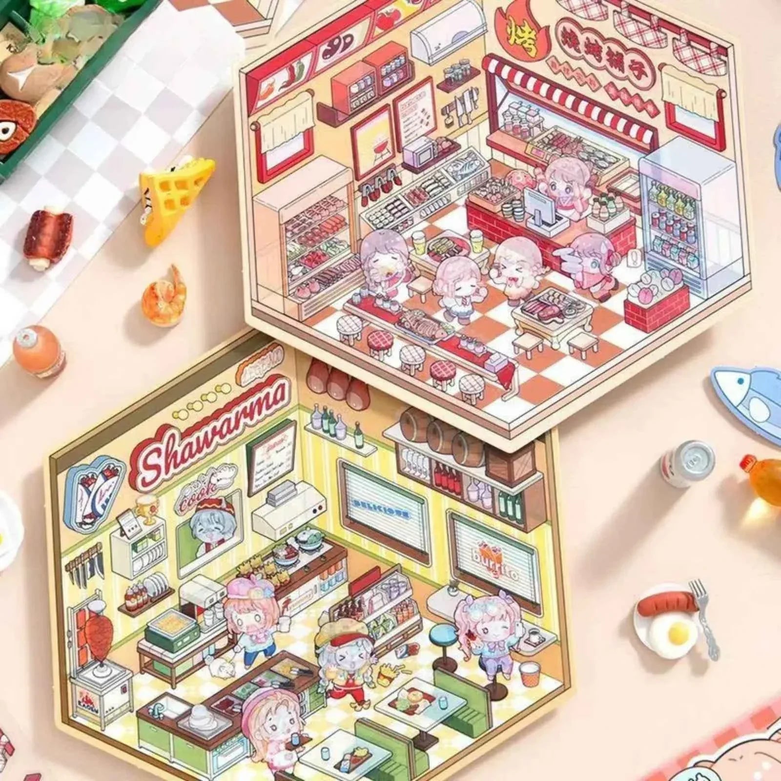Shiny Shop – 3D Miniature Sticker Scenes - 2 Theme Sets: Barbecue Shop | Restaurant
