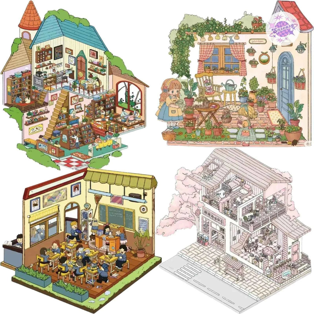 Beautiful Times 5.0 – 3D Miniature Sticker Scenes - 4 Theme Sets: Forest Library | Garden Diary | Classroom Break | Cherry Blossom House