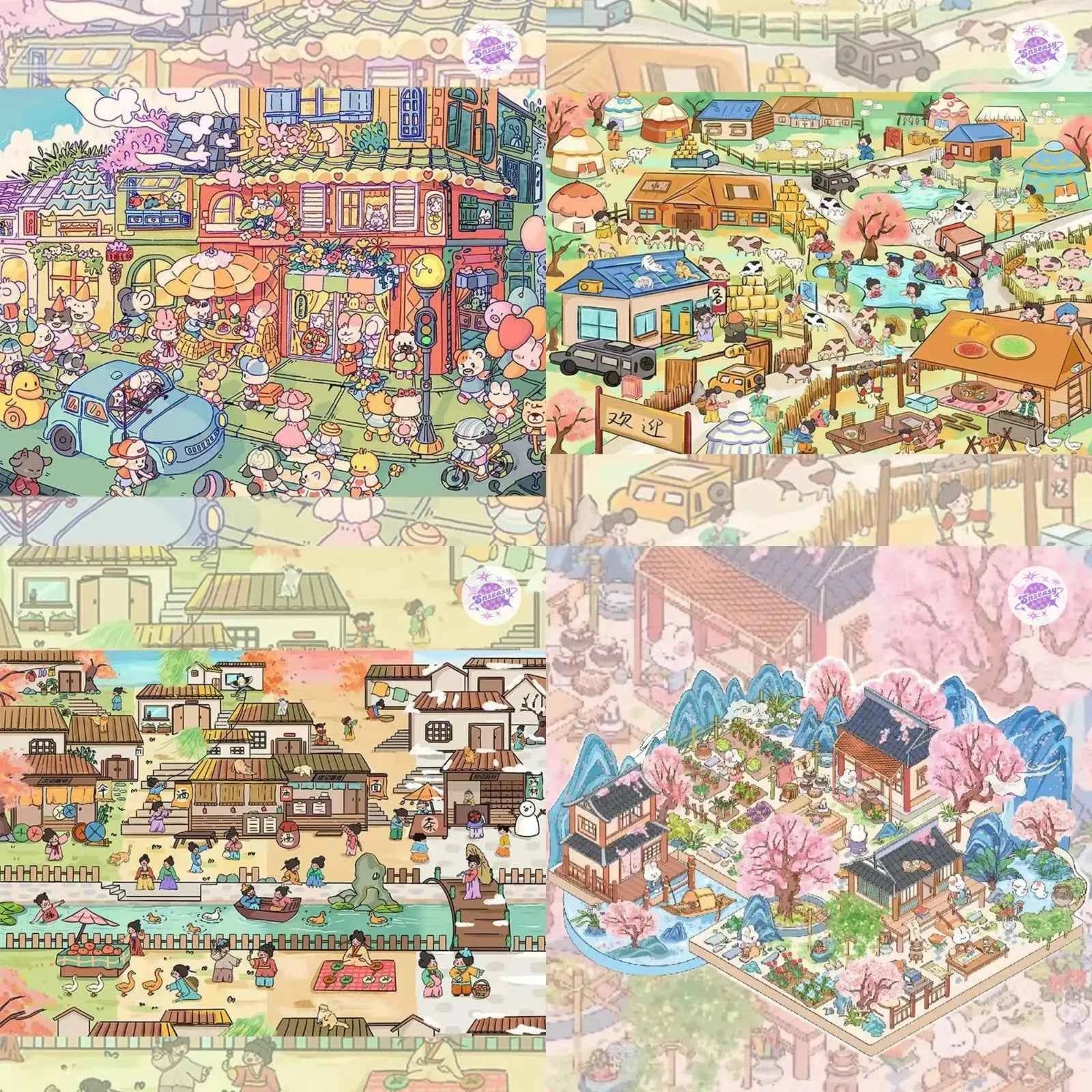Plus Floral Series – 3D Miniature Sticker Scenes - 4 Theme Sets: Street Corner Flower Shop | Peach Blossom Villa | Prairie Farmhouse | Ancient Town