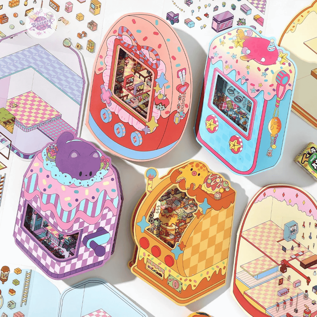 Fantasy Arcade – Flip-Open Design 3D Sticker Set – 4 Theme Scenes: Undersea Lab | Candy Game Center | Starry Music Hall | Crystal Gem Collector's Room