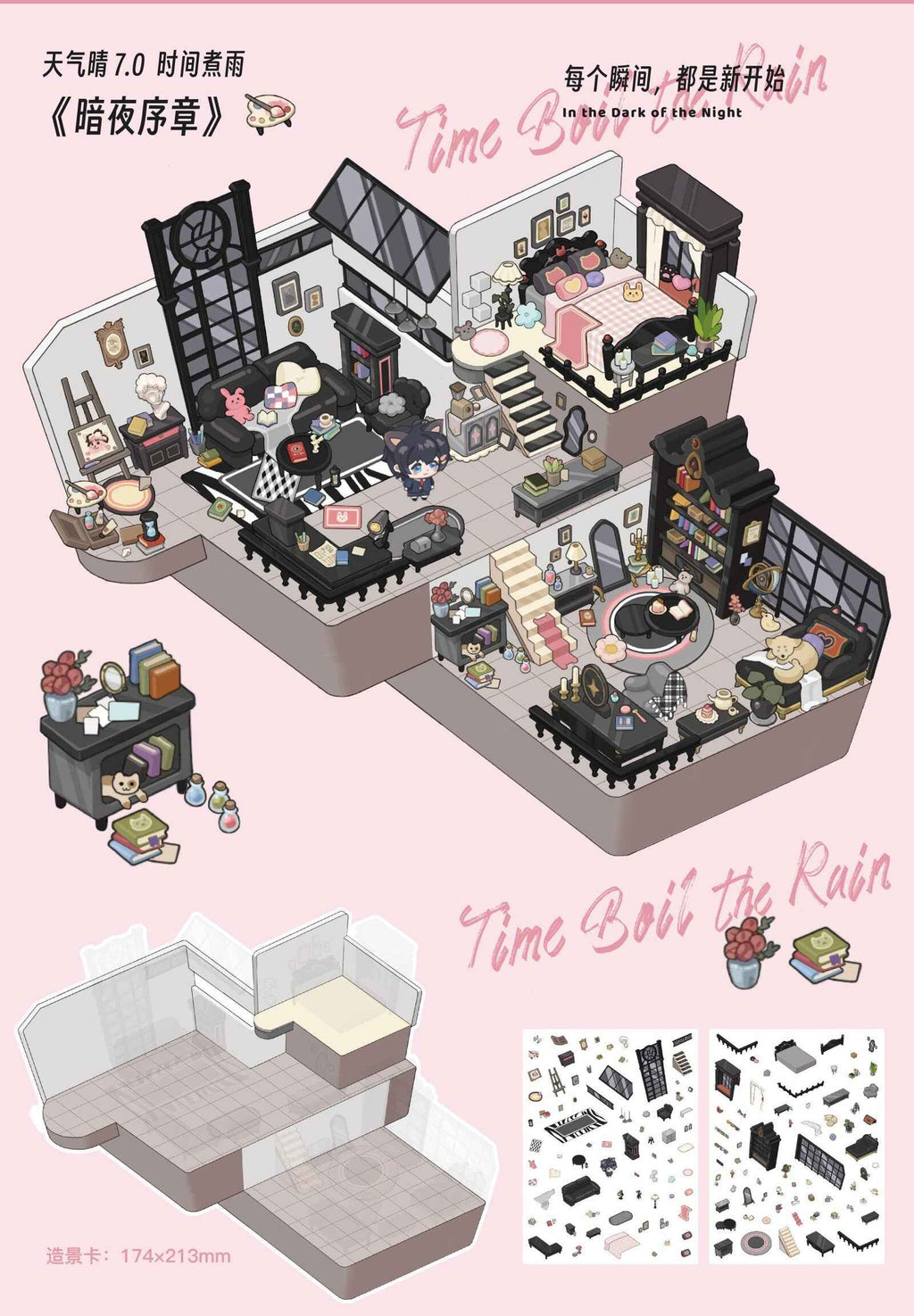 Beautiful Spring 7.0 – 3D Miniature Sticker Scenes - 4 Theme Sets: Black Pink Room | Light Pink Room | Rainforest Room | European Room