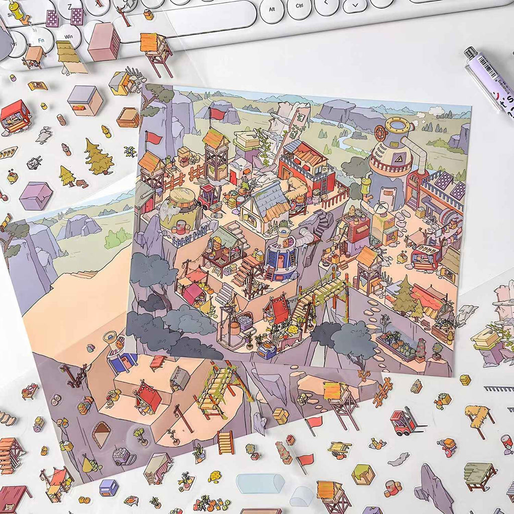 Courtyard Life – 3D Miniature Sticker Scenes - 6 Theme Sets: Snake Blessing | Cliffside Shelter | Japanese Town | Mediterranean Summer | Time Drawer | Courtyard Life