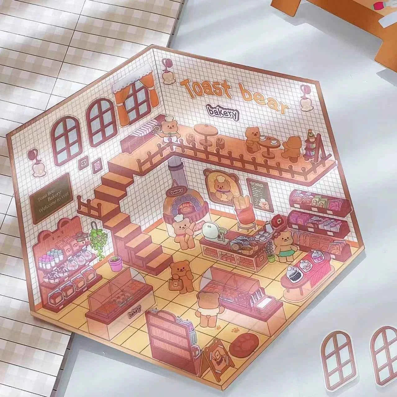 Melon Dog 3D Sticker Scenes - 4 Theme Sets: Bakery | Market | Elephant House | Toast Bear