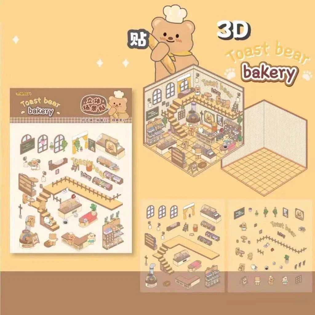 Melon Dog 3D Sticker Scenes - 4 Theme Sets: Bakery | Market | Elephant House | Toast Bear