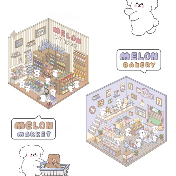 Melon Dog 3D Sticker Scenes - 4 Theme Sets: Bakery | Market | Elephant House | Toast Bear