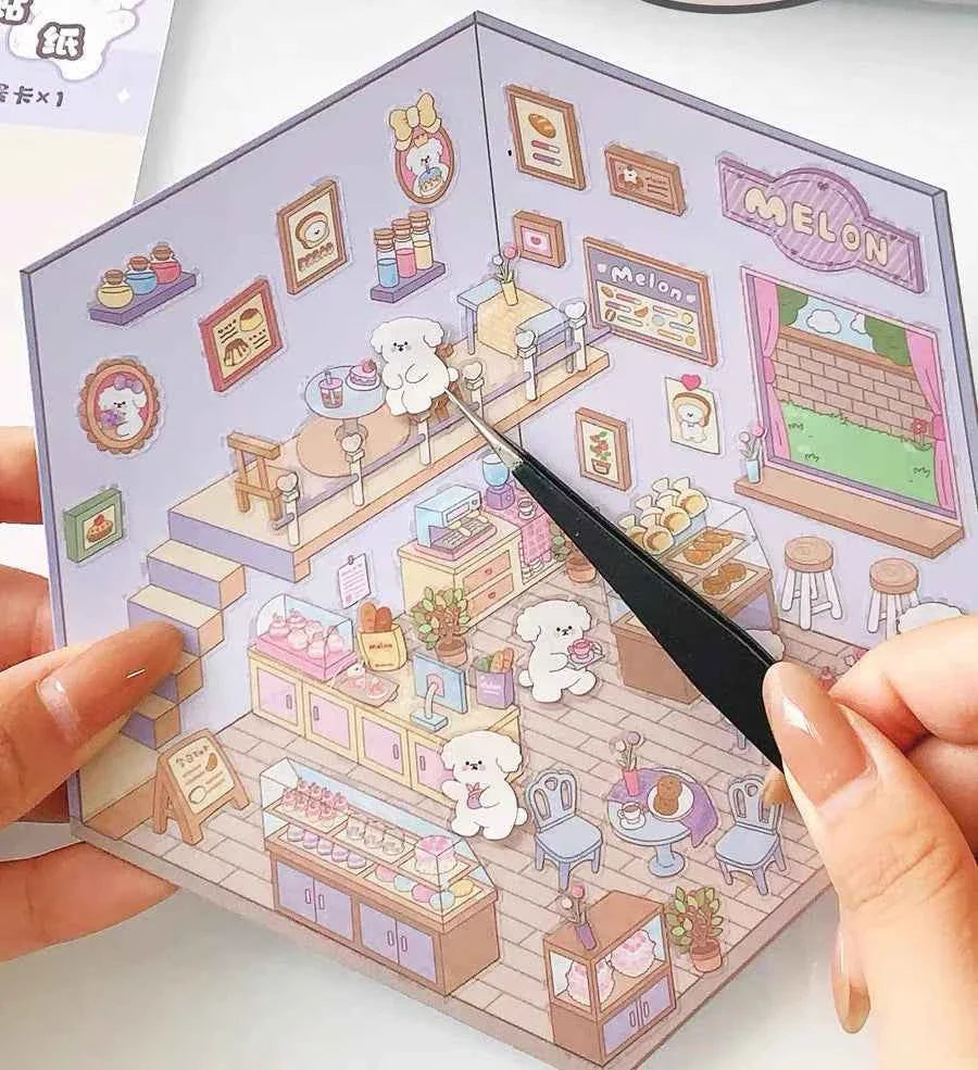 Melon Dog 3D Sticker Scenes - 4 Theme Sets: Bakery | Market | Elephant House | Toast Bear