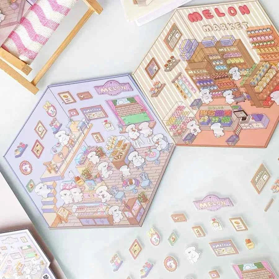 Melon Dog 3D Sticker Scenes - 4 Theme Sets: Bakery | Market | Elephant House | Toast Bear