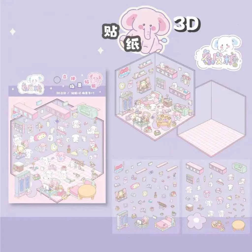 Melon Dog 3D Sticker Scenes - 4 Theme Sets: Bakery | Market | Elephant House | Toast Bear