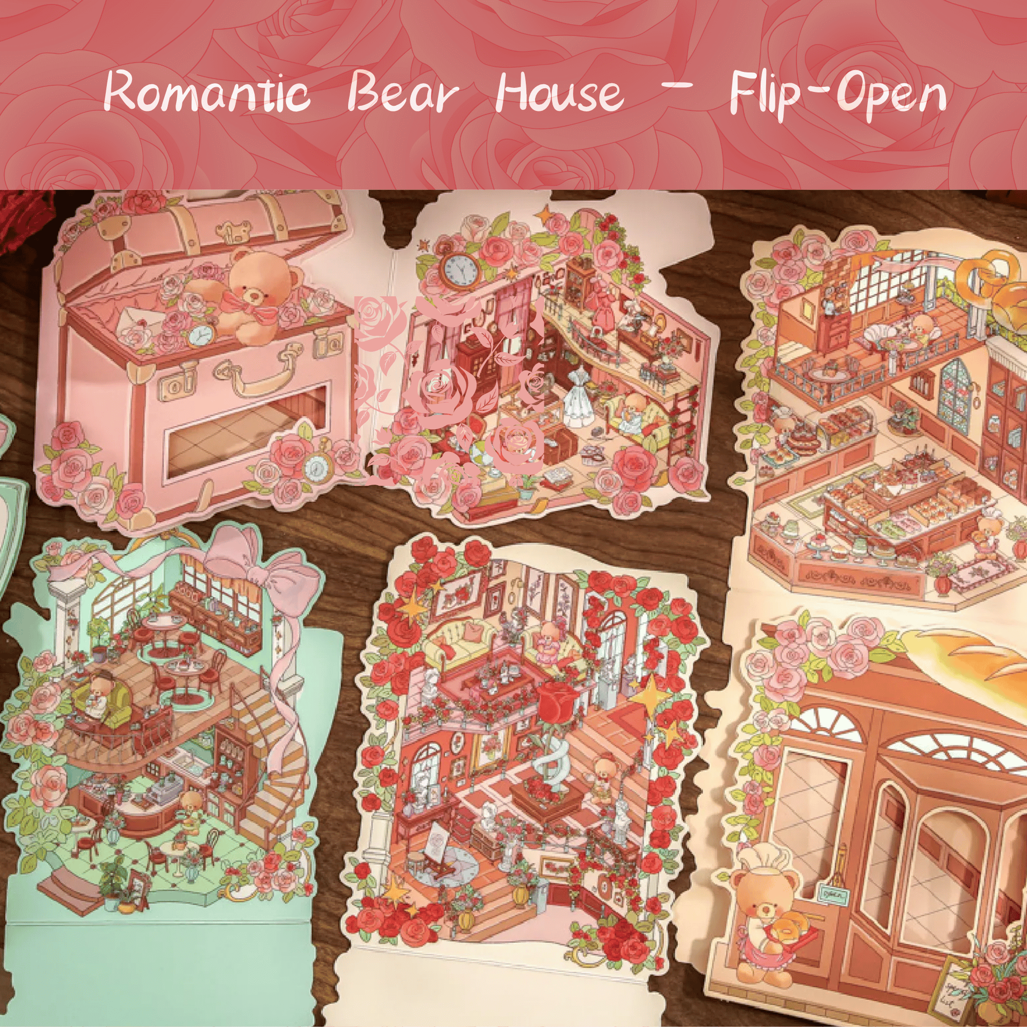Romantic Bear House – Flip-Open 3D Miniature Scene Stickers – 4 Theme Sets: Romance Exhibition | Rose Collection Box | Elegant Afternoon Tea | Romantic Bakery