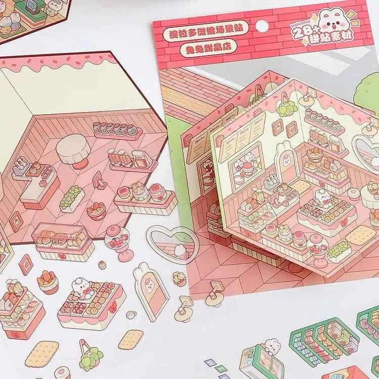 Cute Bunny 3D Isometric Room Stickers - 4 Theme Sets: Bunny Dessert Shop | Bunny Market | Bunny Bookstore | Bunny Burger Shop
