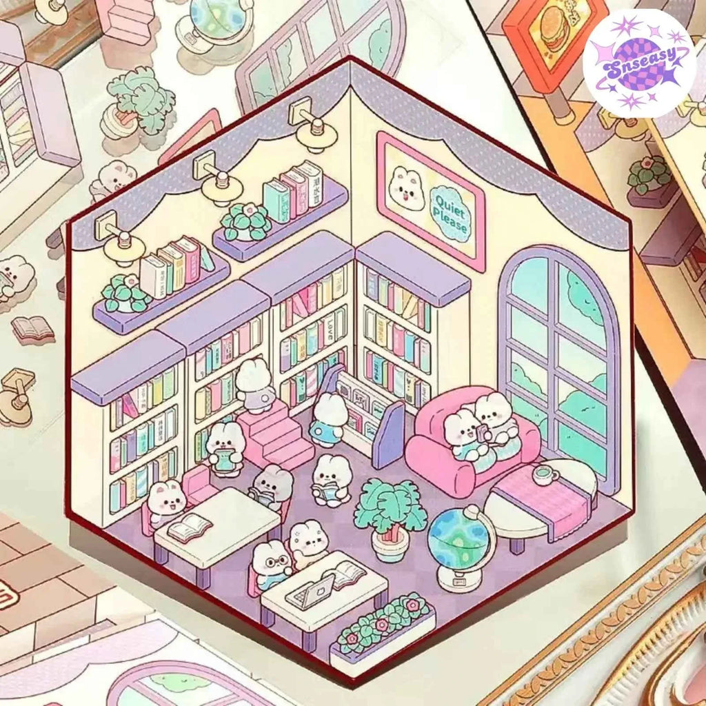 Cute Bunny 3D Isometric Room Stickers - 4 Theme Sets: Bunny Dessert Shop | Bunny Market | Bunny Bookstore | Bunny Burger Shop