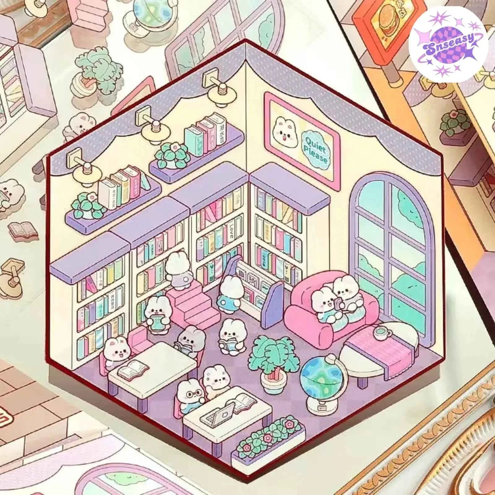 Cute Bunny 3D Isometric Room Stickers - 4 Theme Sets: Bunny Dessert Shop | Bunny Market | Bunny Bookstore | Bunny Burger Shop