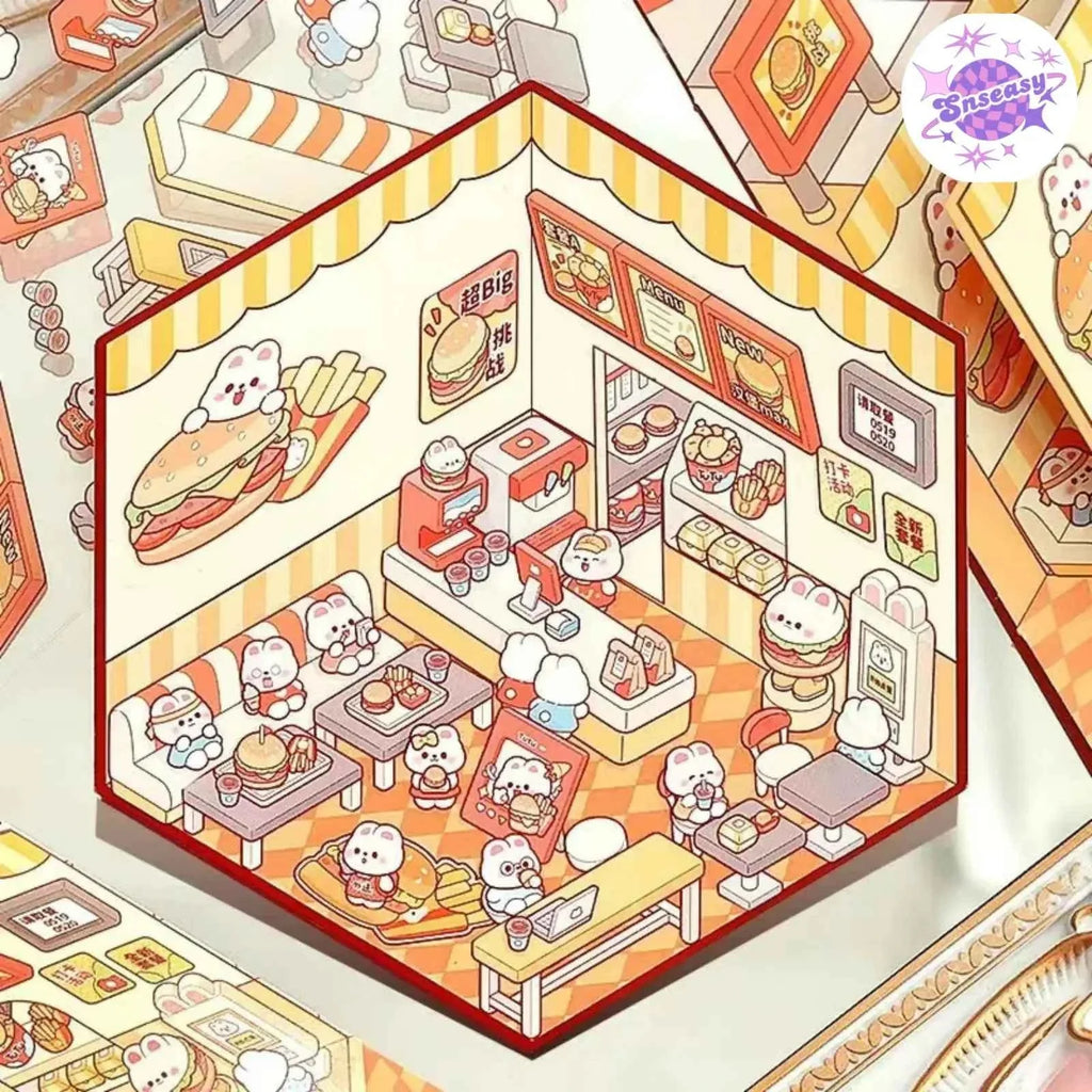 Cute Bunny 3D Isometric Room Stickers - 4 Theme Sets: Bunny Dessert Shop | Bunny Market | Bunny Bookstore | Bunny Burger Shop