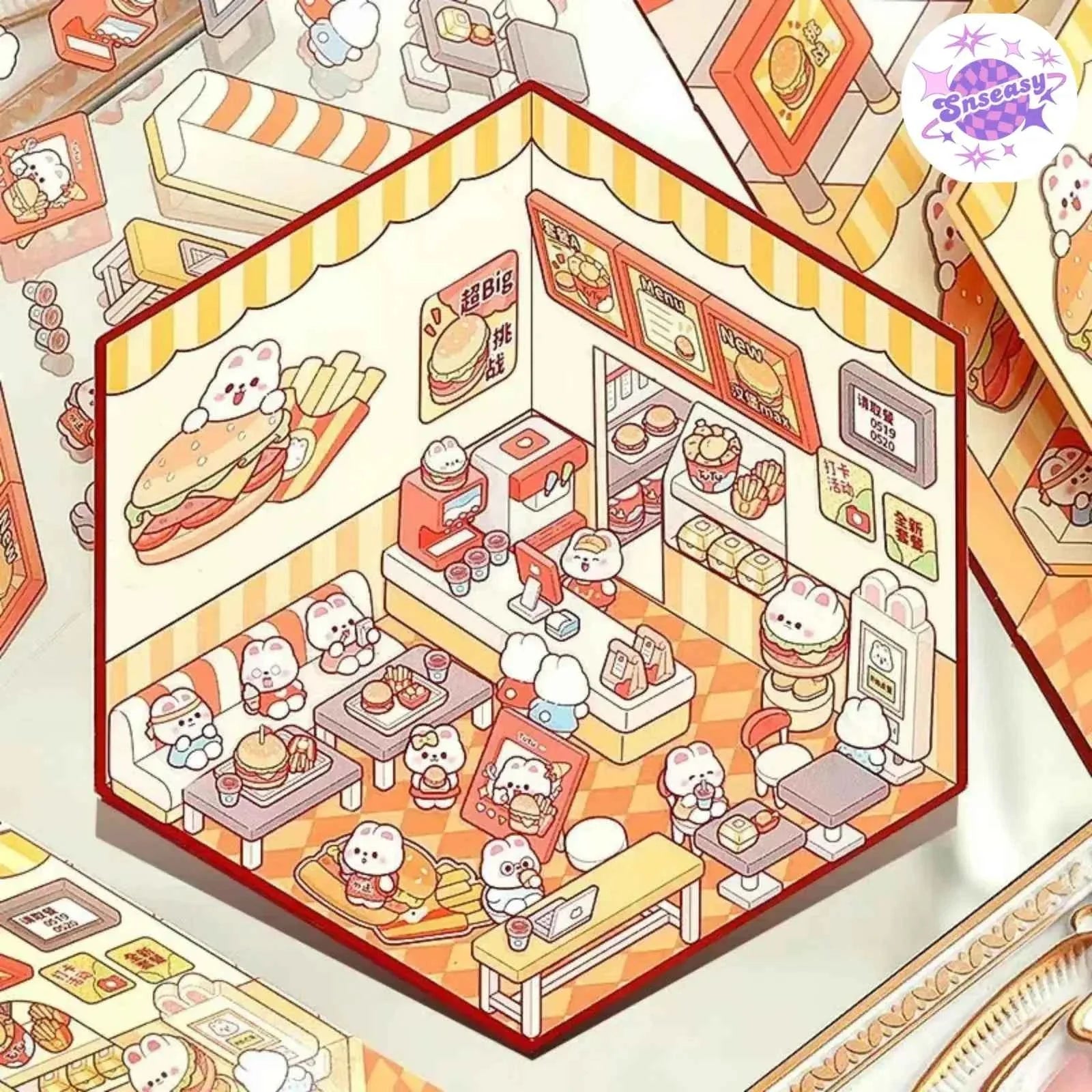 Cute Bunny 3D Isometric Room Stickers - 4 Theme Sets: Bunny Dessert Shop | Bunny Market | Bunny Bookstore | Bunny Burger Shop