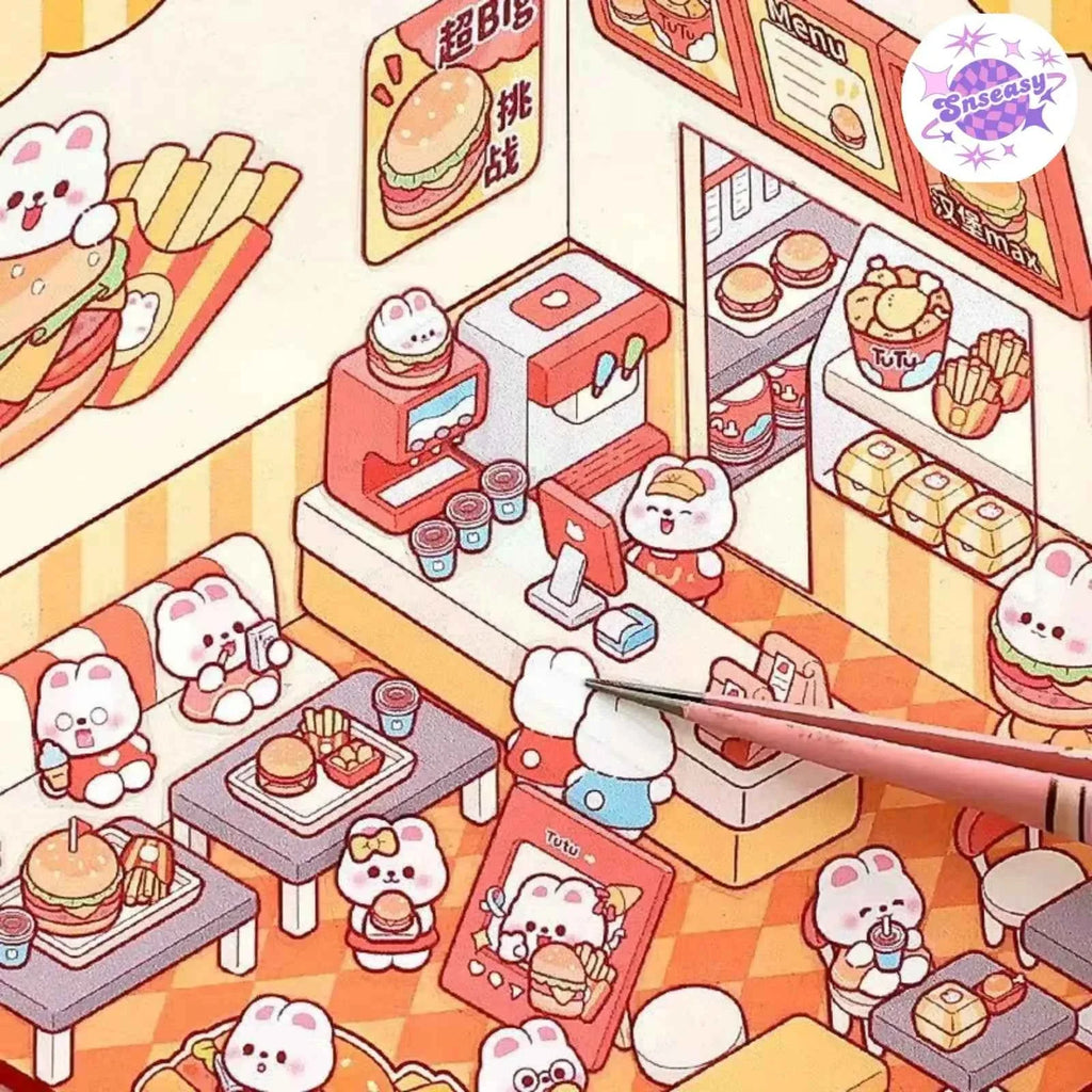 Cute Bunny 3D Isometric Room Stickers - 4 Theme Sets: Bunny Dessert Shop | Bunny Market | Bunny Bookstore | Bunny Burger Shop