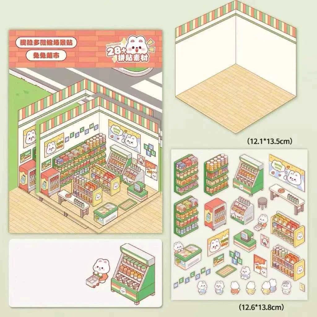 Cute Bunny 3D Isometric Room Stickers - 4 Theme Sets: Bunny Dessert Shop | Bunny Market | Bunny Bookstore | Bunny Burger Shop