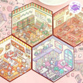 Cute Bunny 3D Isometric Room Stickers - 4 Theme Sets: Bunny Dessert Shop | Bunny Market | Bunny Bookstore | Bunny Burger Shop