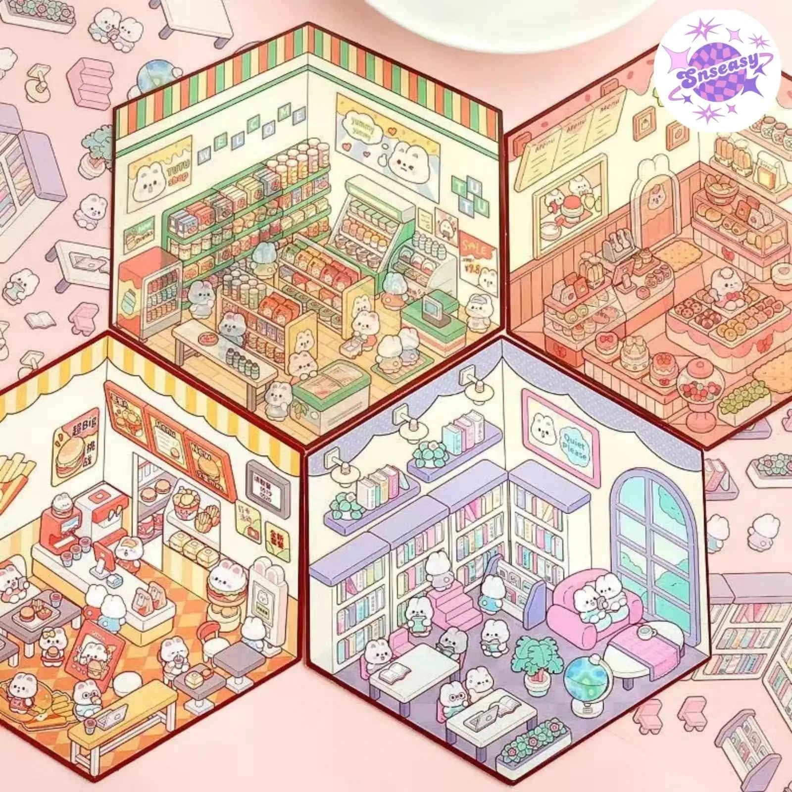 Cute Bunny 3D Isometric Room Stickers - 4 Theme Sets: Bunny Dessert Shop | Bunny Market | Bunny Bookstore | Bunny Burger Shop
