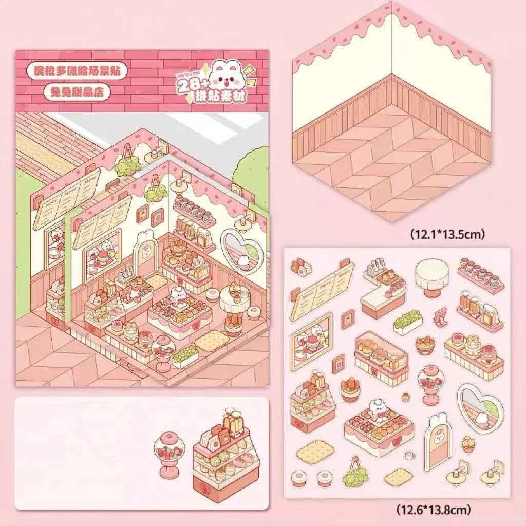 Cute Bunny 3D Isometric Room Stickers - 4 Theme Sets: Bunny Dessert Shop | Bunny Market | Bunny Bookstore | Bunny Burger Shop