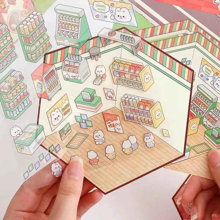 Cute Bunny 3D Isometric Room Stickers - 4 Theme Sets: Bunny Dessert Shop | Bunny Market | Bunny Bookstore | Bunny Burger Shop