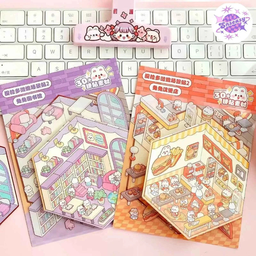 Cute Bunny 3D Isometric Room Stickers - 4 Theme Sets: Bunny Dessert Shop | Bunny Market | Bunny Bookstore | Bunny Burger Shop