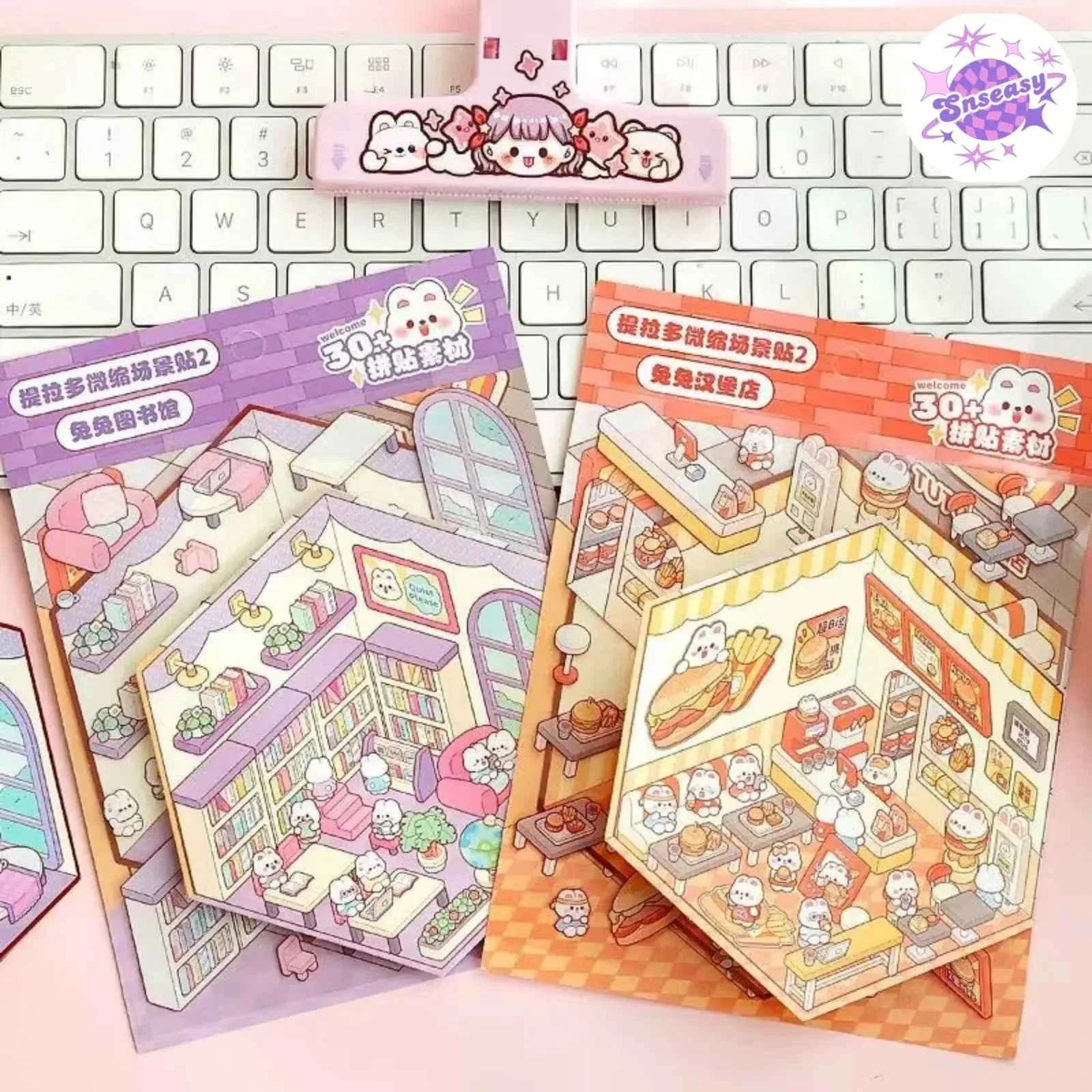 Cute Bunny 3D Isometric Room Stickers - 4 Theme Sets: Bunny Dessert Shop | Bunny Market | Bunny Bookstore | Bunny Burger Shop