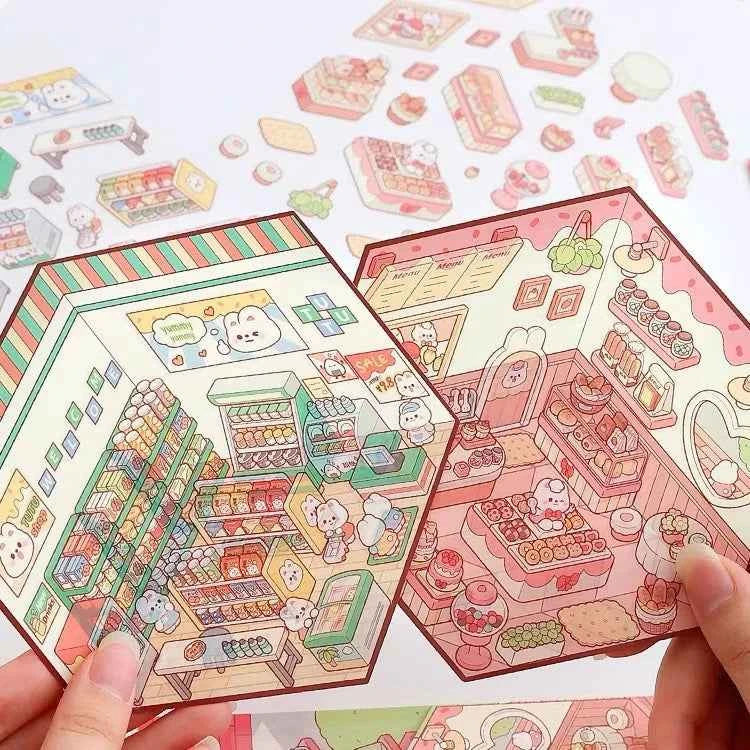 Cute Bunny 3D Isometric Room Stickers - 4 Theme Sets: Bunny Dessert Shop | Bunny Market | Bunny Bookstore | Bunny Burger Shop