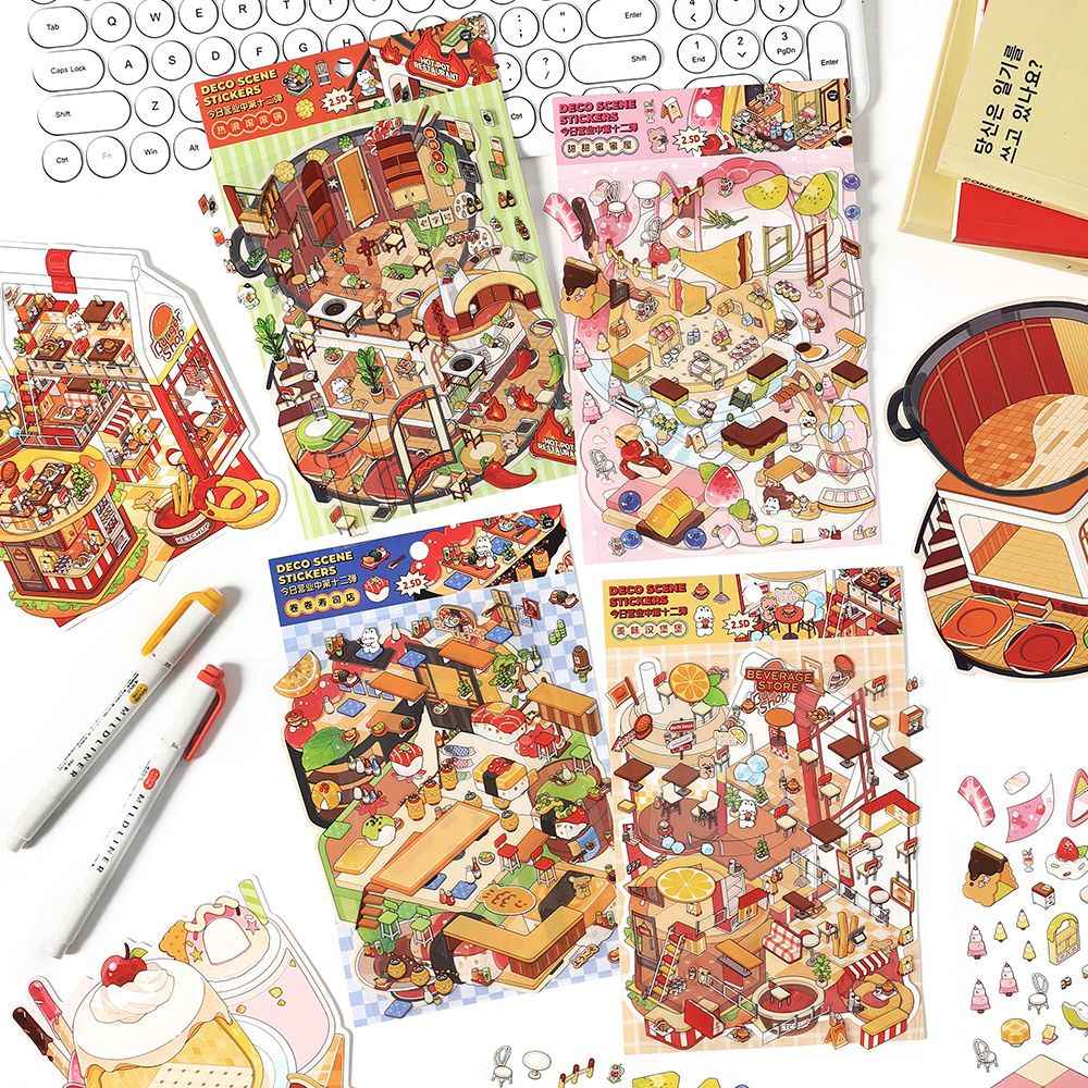 Cute Bunny Store 8.0 – Mini Shop Series 3D Sticker Scenes – 4 Theme Sets: Hot Pot Restaurant | Dessert Shop | Burger Shop | Sushi Bar