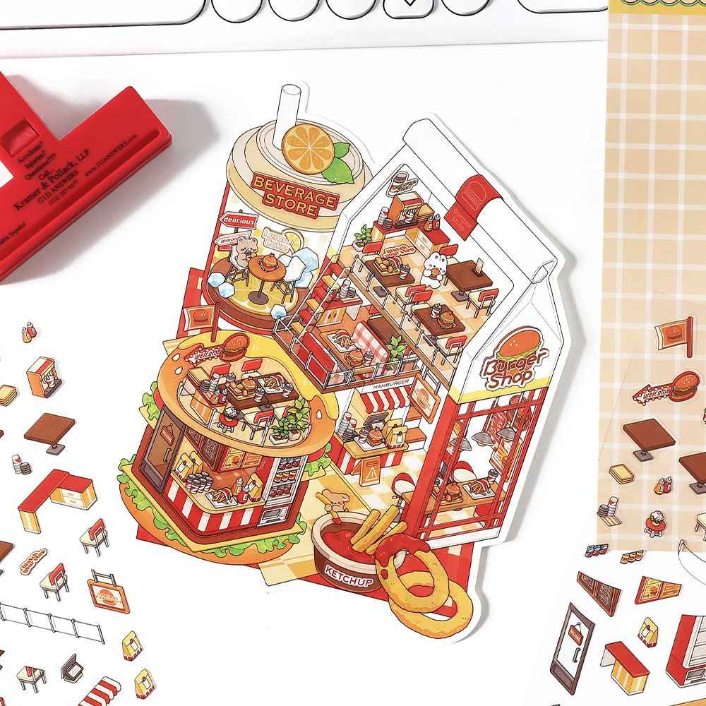 Cute Bunny Store 8.0 – Mini Shop Series 3D Sticker Scenes – 4 Theme Sets: Hot Pot Restaurant | Dessert Shop | Burger Shop | Sushi Bar